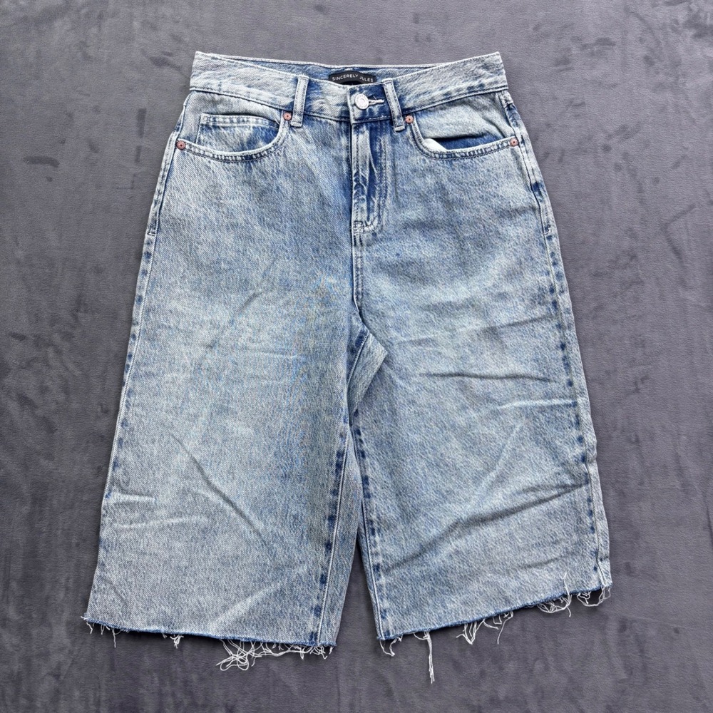 Sincerely Jules High Waisted Acid Wash Wide Leg Denim Shorts Light Blue Size 25